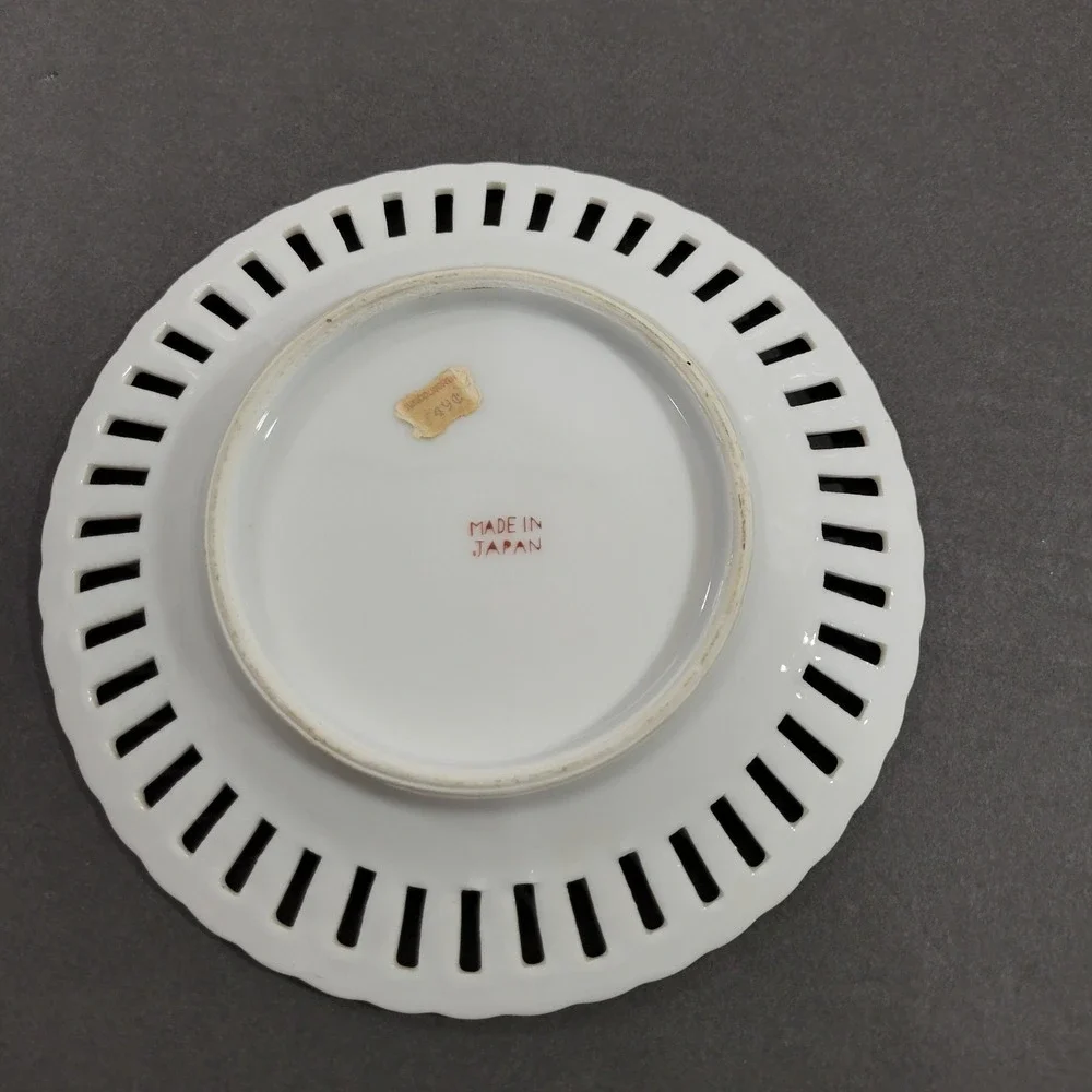 Small Floral Reticulated Saucer Dish White Purple Violets Gold Trim 6.25